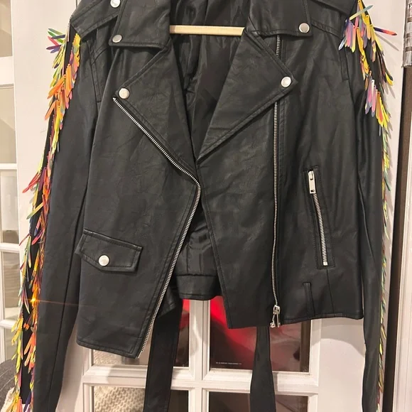Black Faux-Leather Jacket with Colorful Sequin Fringe Missguided Size US 8 - Picture 3 of 5